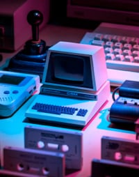 retro computer, keyboard, cassette tapes on a desk